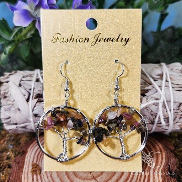Watermelon Tourmaline Tree of Life Earrings #1 - Picture 1 of 2